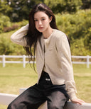 W HALF KNIT ROUND NECK CARDIGAN SET UP IN OATMEAL image 1