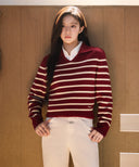 W STRIPE POLO KNIT IN BURGUNDY image 2