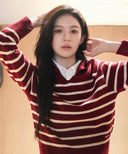 W STRIPE POLO KNIT IN BURGUNDY image 3
