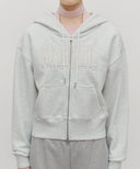 W LACE APPLIQUE CROP HOODIE ZIPUP IN LIGHT HEATHER GREY image 4