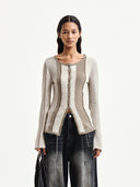COLOR BLOCK SLIM KNIT CARDIGAN IN BEIGE