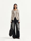 COLOR BLOCK SLIM KNIT CARDIGAN IN BEIGE