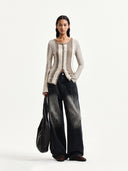 COLOR BLOCK SLIM KNIT CARDIGAN IN BEIGE