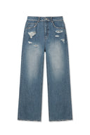 BACK POCKET PATCH DESTROYED DENIM PANTS IN BLUE image 1