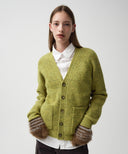 HAIRY OVERFIT V-NECK CARDIGAN IN MUSTARD image 1