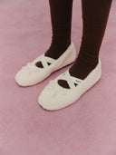 W CROSS BANDING SHEARING FLAT SHOES IN IVORY