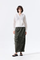 PATCH POCKET SHIRRING NYLON SKIRT IN KHAKI image 9