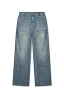 VINTAGE WASHED DOUBLE KNEE DENIM PANTS FOR MEN IN BLUE image 1