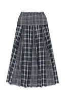 MIXED CHECK SLEEVE TIE FLARE SKIRT IN NAVY image 13
