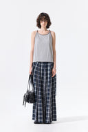 MIXED CHECK SLEEVE TIE FLARE SKIRT IN NAVY image 12