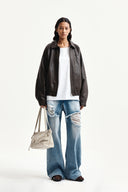 SMALL LOGO FAUX LEATHER ZIP UP JUMPER IN BROWN image 10