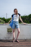 CUT LINE POINT DENIM SHORTS IN BLUE image 7