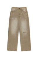 BACK LOGO WASHED DENIM PANTS IN BEIGE image 1