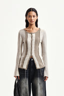 COLOR BLOCK SLIM KNIT CARDIGAN IN BEIGE image 6