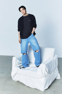 DISTRESSED DENIM PANTS FOR MEN IN BLUE image 1