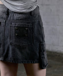 DELVE BACK LEATHER CARGO DENIM SKIRT IN BLACK