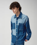 OVERSIZED PATCH WORK DENIM SHIRT JACKET IN BLUE