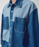OVERSIZED PATCH WORK DENIM SHIRT JACKET IN BLUE