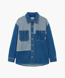 OVERSIZED PATCH WORK DENIM SHIRT JACKET IN BLUE