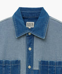 OVERSIZED PATCH WORK DENIM SHIRT JACKET IN BLUE
