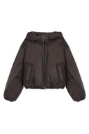 BACK LOGO HOODY SHORT DOWN JUMPER IN CHARCOAL GREY