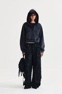 WASHED LAYERED CROP HOODY IN CHARCOAL GREY