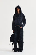 WASHED LAYERED CROP HOODY IN CHARCOAL GREY