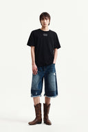 DESTROYED BERMUDA DENIM PANTS FOR MEN IN NAVY