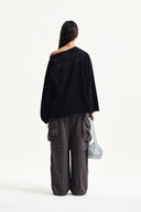 RAW HEM FINISHED BOAT NECK TOP IN BLACK