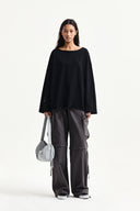 RAW HEM FINISHED BOAT NECK TOP IN BLACK