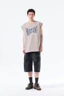 RAW EDGE CUT OUT SLEEVELESS TOP FOR MEN IN BEIGE