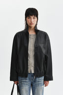SMALL LOGO FAUX LEATHER HIGH NECK JUMPER IN DARK BROWN