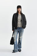 SMALL LOGO FAUX LEATHER HIGH NECK JUMPER IN DARK BROWN