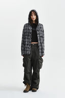 RAW CUT CHECK HOODED SHIRT IN BLACK