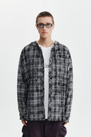RAW CUT CHECK HOODED SHIRT IN BLACK