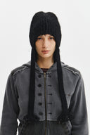 TASSEL TIE KNIT BEANIE IN BLACK