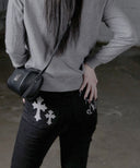 PISTOL BACK LEATHER DOUBLE CROSS WIDE BOOTS CUT COTTON PANTS IN BLACK