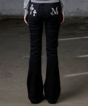 PISTOL BACK LEATHER DOUBLE CROSS WIDE BOOTS CUT COTTON PANTS IN BLACK