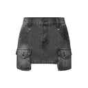 DELVE BACK LEATHER CARGO DENIM SKIRT IN BLACK