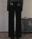 PISTOL BACK LEATHER DOUBLE CROSS WIDE COTTON PANTS IN BLACK