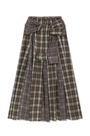 MIXED CHECK SLEEVE TIE FLARE SKIRT IN BROWN image 1