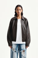 SMALL LOGO FAUX LEATHER ZIP UP JUMPER IN BROWN image 6