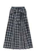 MIXED CHECK SLEEVE TIE FLARE SKIRT IN NAVY image 11