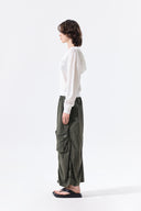 PATCH POCKET SHIRRING NYLON SKIRT IN KHAKI image 7