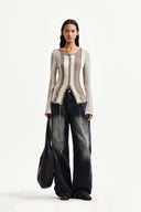 COLOR BLOCK SLIM KNIT CARDIGAN IN BEIGE image 20