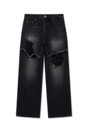 FRONT LAYERED DISTRESSED DENIM PANTS IN BLACK image 1